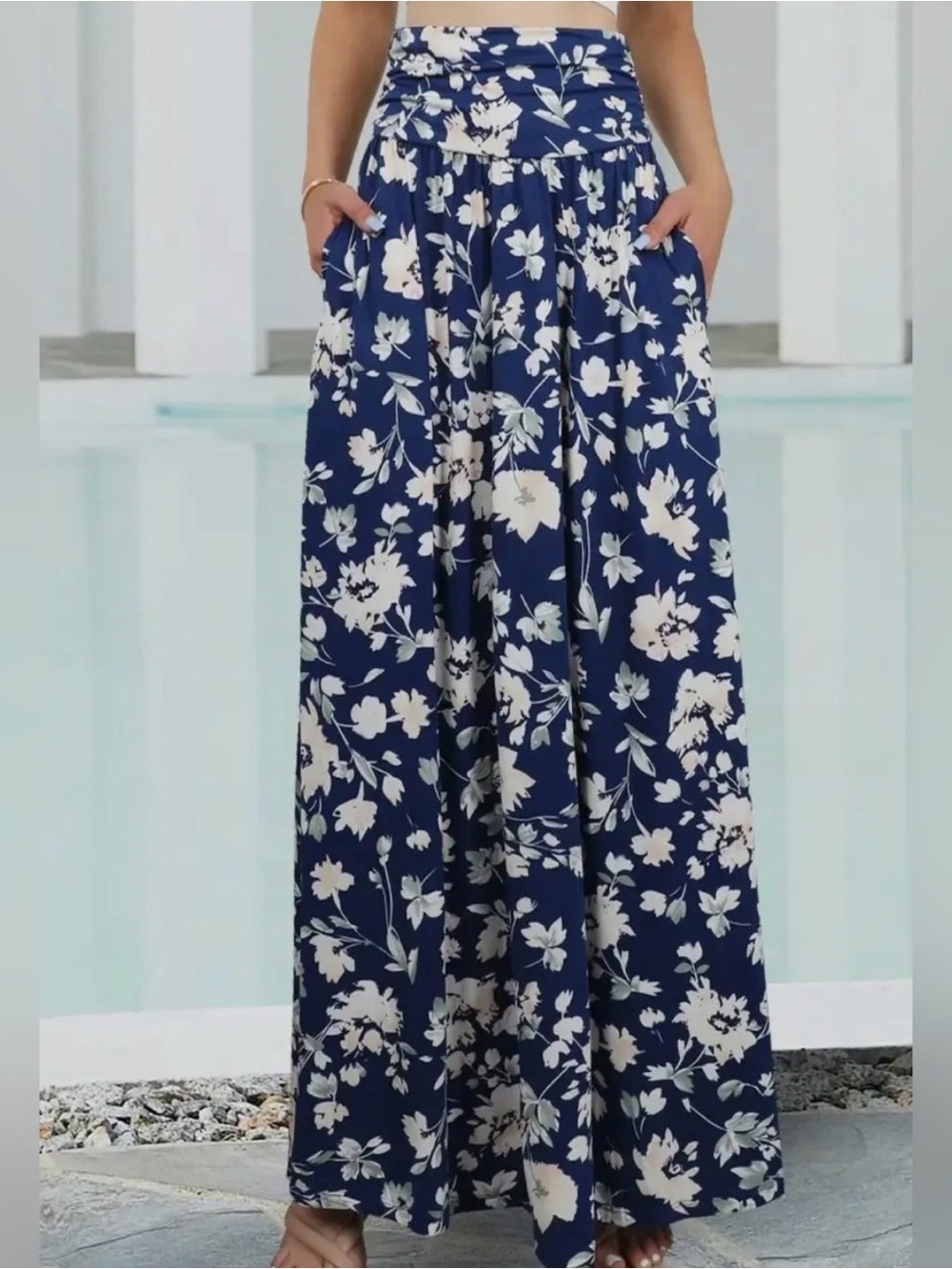 Navy Floral Maxi Boho Skirt with Pockets